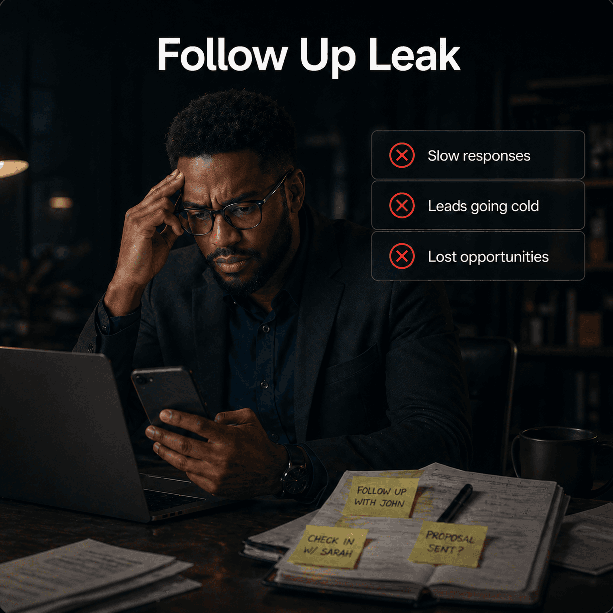 Follow Up Leak — man on phone reading sticky notes with red X items: slow responses, leads going cold, lost opportunities.