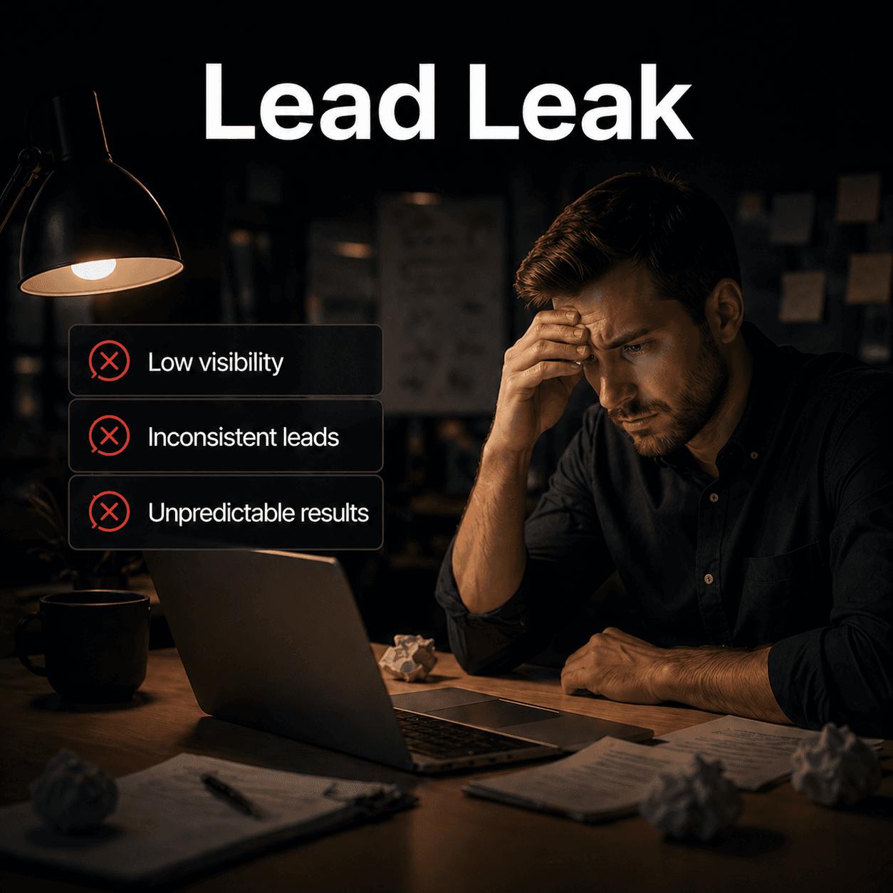 Lead Leak — frustrated man at a desk with red X items: low visibility, inconsistent leads, unpredictable results.