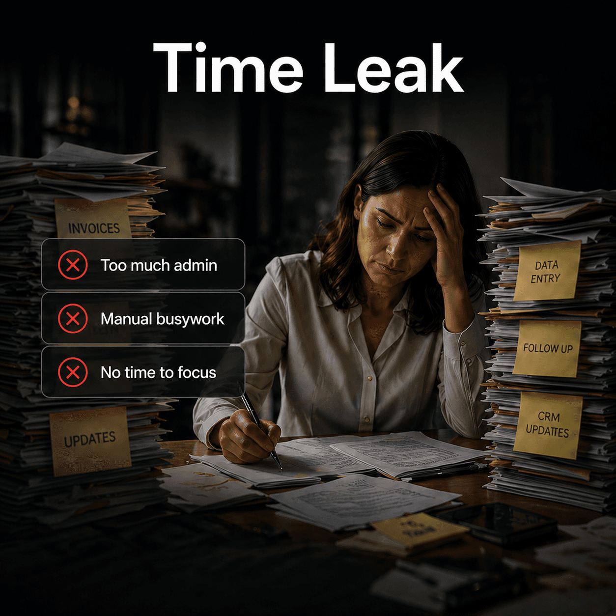 Time Leak — woman buried in paperwork with red X items: too much admin, manual busywork, no time to focus.