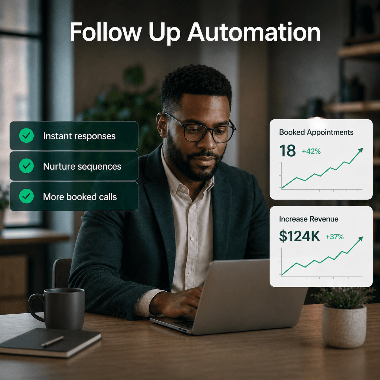 Black business professional using phone and laptop while a follow up automation timeline moves from inquiry to booked appointment.