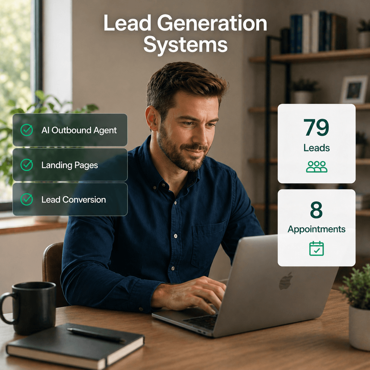 Asian business professional using a laptop while lead sources flow into total leads and booked appointments.